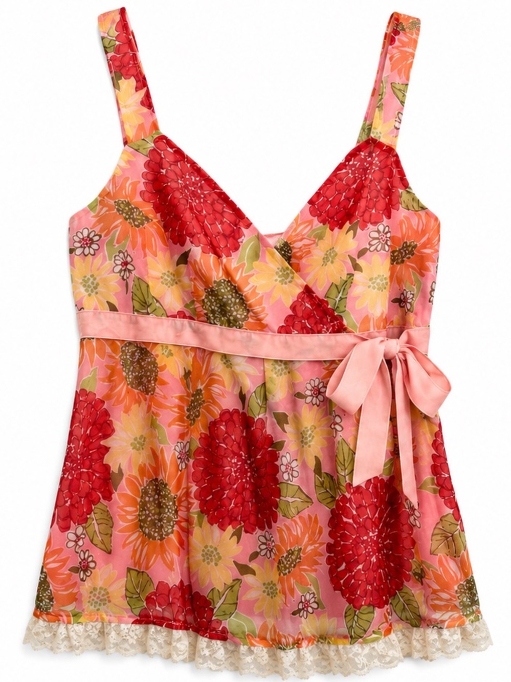 Lilly Pulitzer Pink and Red Floral Tie-Waist Cami 100% Silk Size 10 NWT